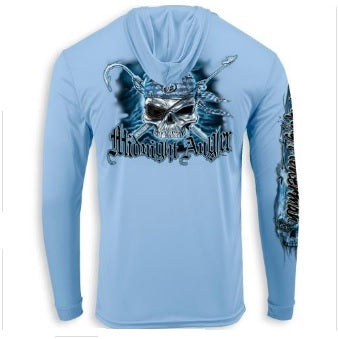 Flying Fisherman Performance Hoodie Pirate Skull Blue Mist Large