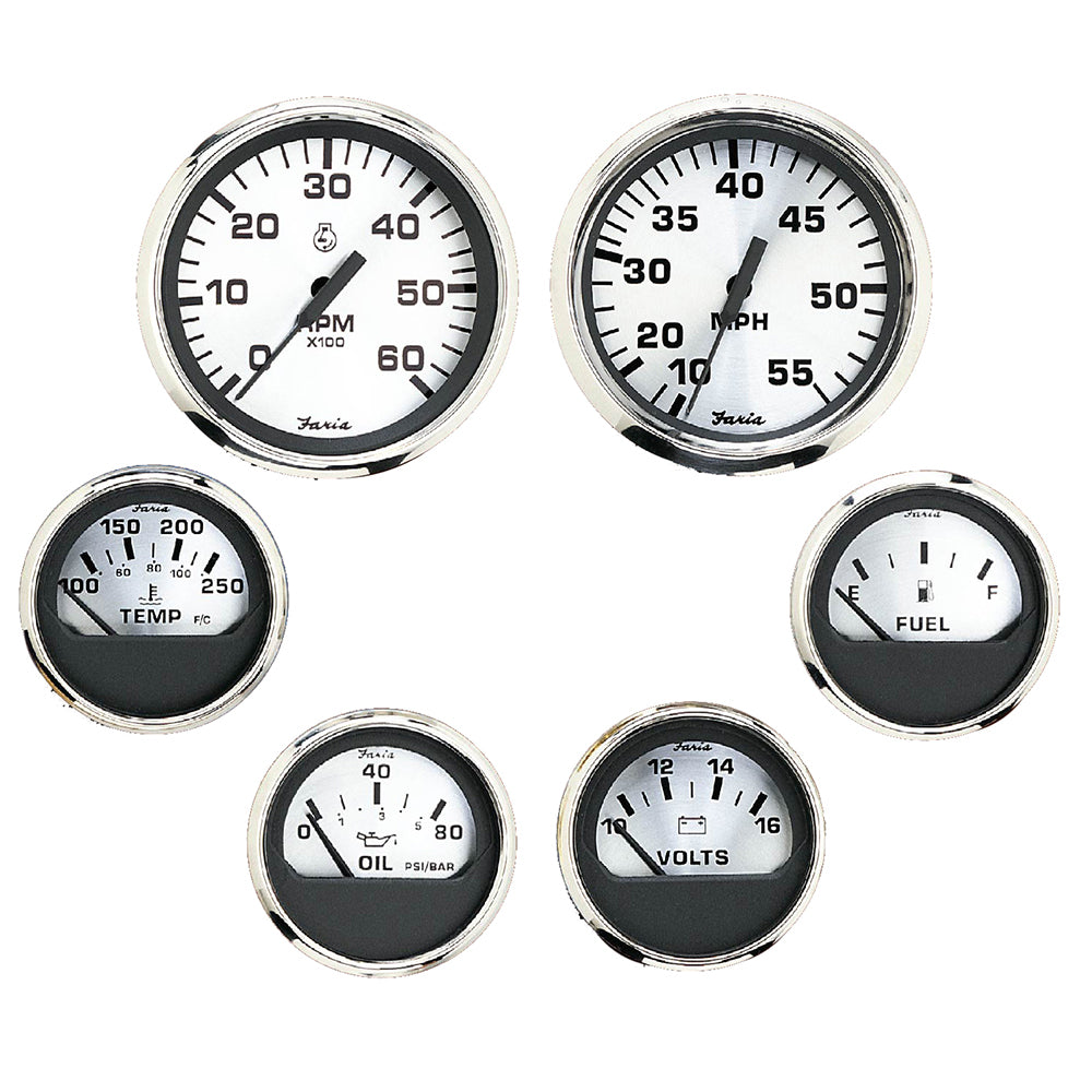 Faria Spun Silver Box Set of 6 Gauges f/ Inboard Engines - Speed, Tach, Voltmeter, Fuel Level, Water Temperature & Oil - Lear Outdoors