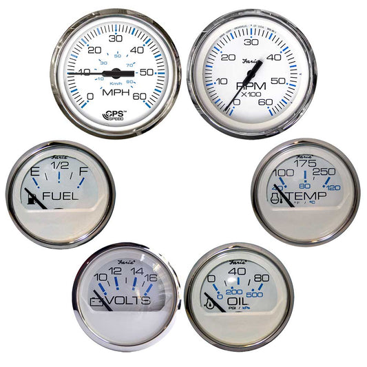 Faria Chesapeake White w/Stainless Steel Bezel Boxed Set of 6 - Speed, Tach, Fuel Level, Voltmeter, Water Temperature & Oil PSI - Inboard Motors - Lear Outdoors