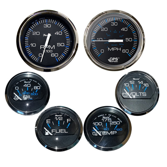 Faria Chesapeake Black w/Stainless Steel Bezel Boxed Set of 6 - Speed, Tach, Fuel Level, Voltmeter, Water Temperature & Oil PSI - Inboard Motors - Lear Outdoors