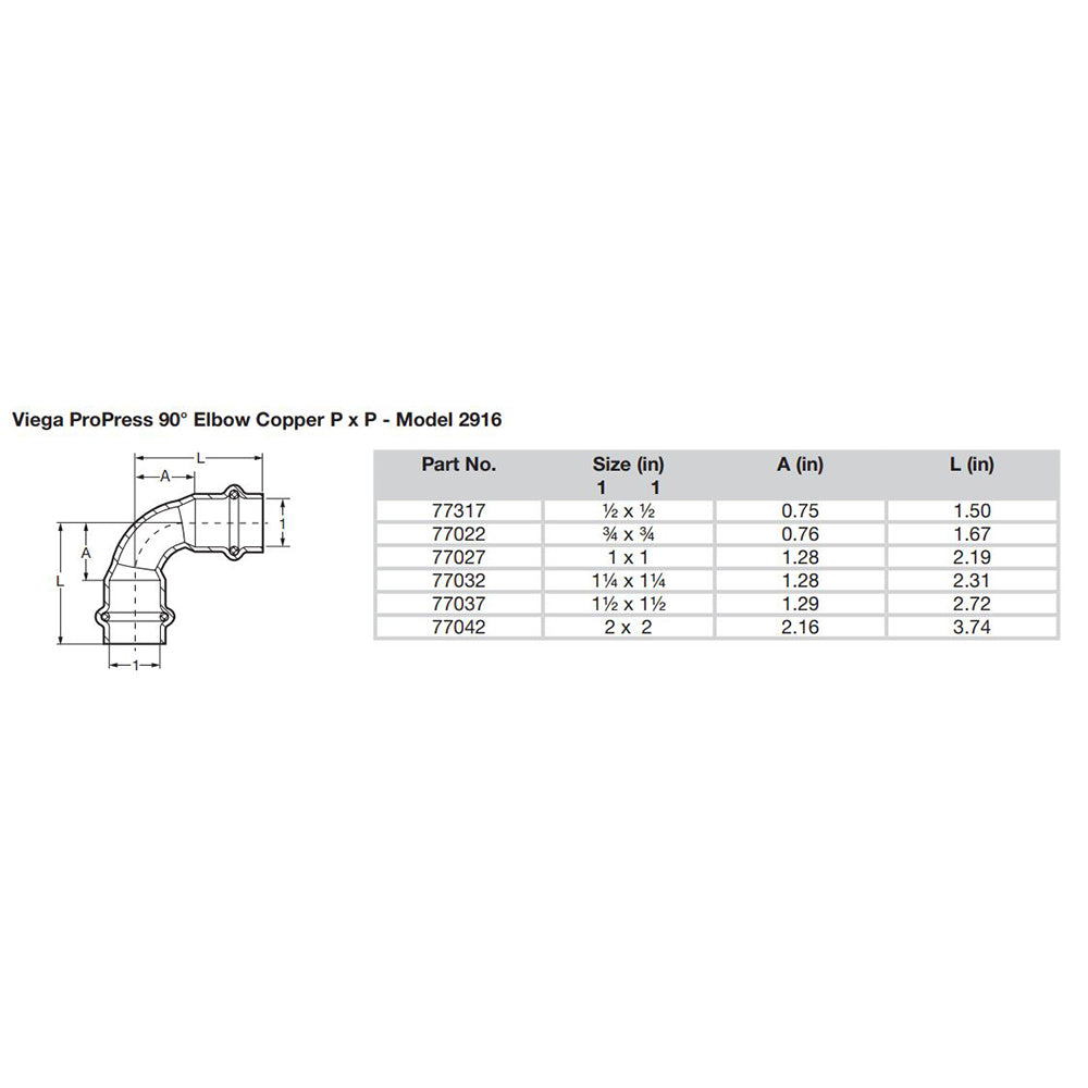 Viega ProPress 1/2" - 90° Copper Elbow - Double Press Connection - Smart Connect Technology