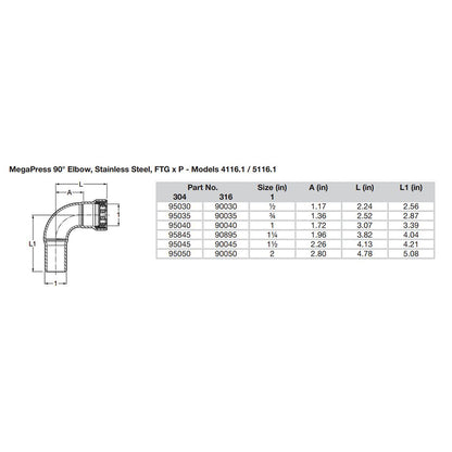 Viega MegaPress 1" 90° Stainless Steel 304 Elbow Street - Press Connection - Smart Connect Technology